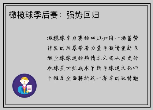 橄榄球季后赛：强势回归